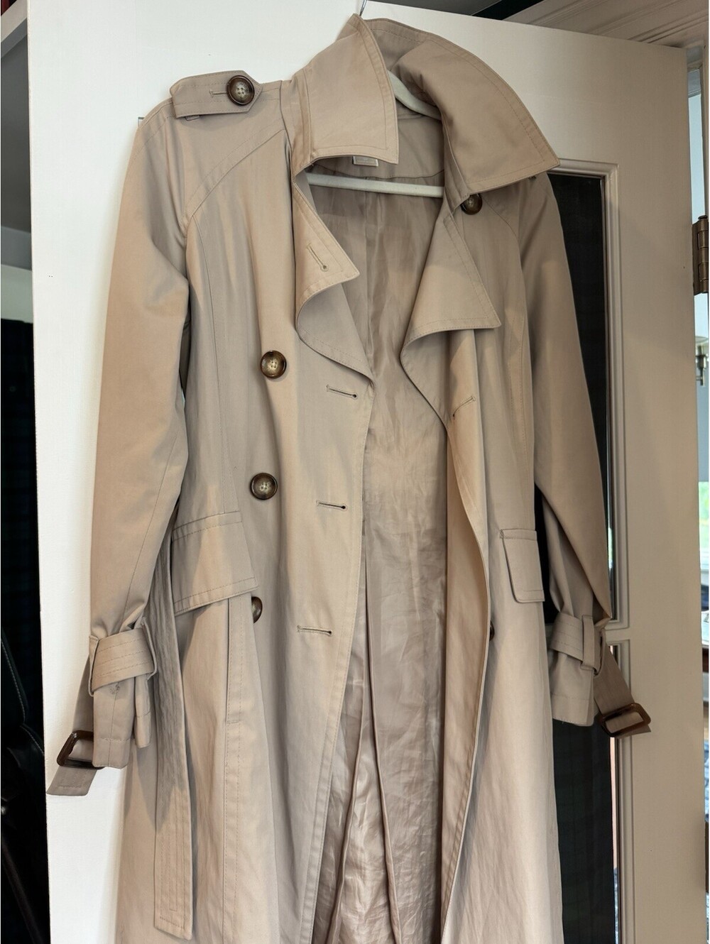Michael Michael Kors Beige Belted Long Trench Coat Pockets Button Size S/P